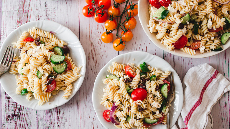 plates of mediterranean pasta salad