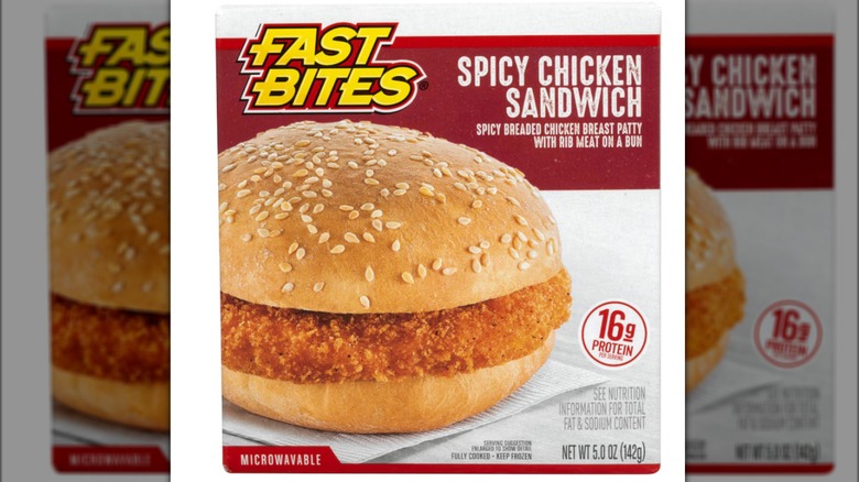 Package of frozen Fast Bites frozen spicy breaded chicken sandwich