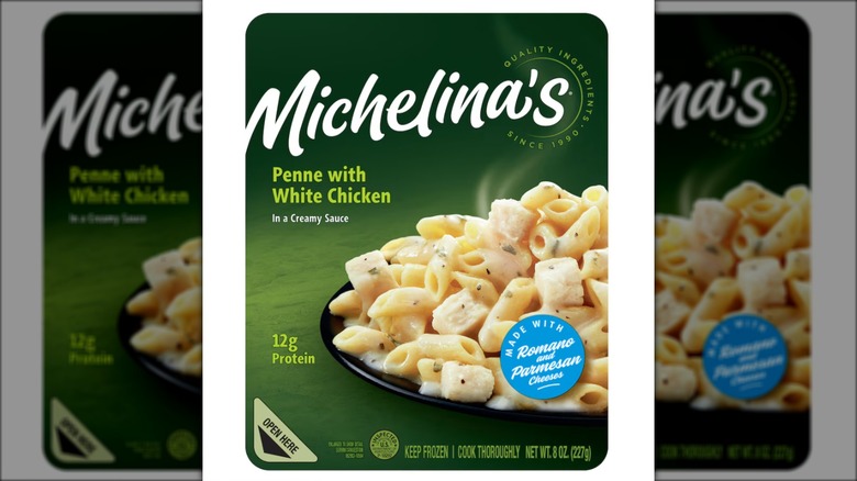 Package of frozen Michelina's penne with white chicken meal