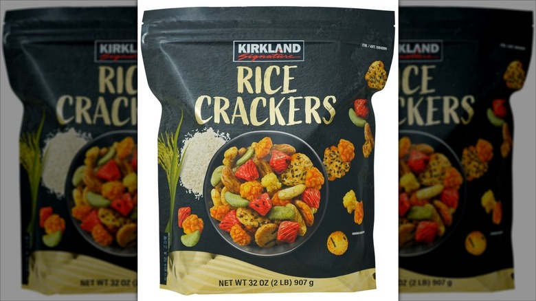 Bag of Kirkland Signature Rice Crackers against white background.