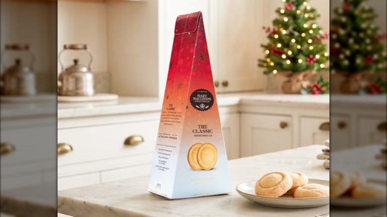 Triangular box of shortbread cookies on kitchen counter.