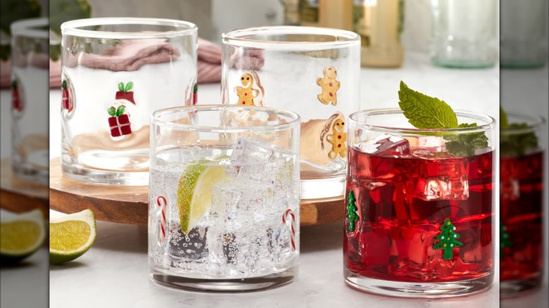 Holiday glassware set on counter.
