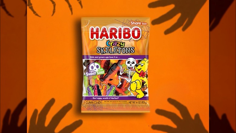 Bag of Haribo Crazy Skeletons against a spooky orange background.