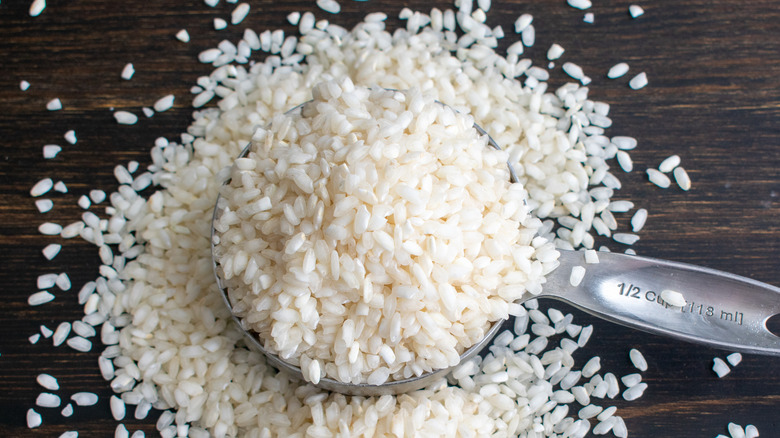 Measuring cup full of Arborio rice