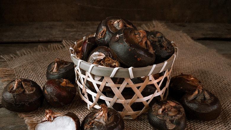 water chestnuts in a wicker basket