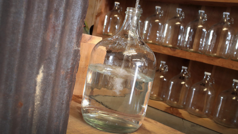 Moonshine being bottled into a demi-john from a still