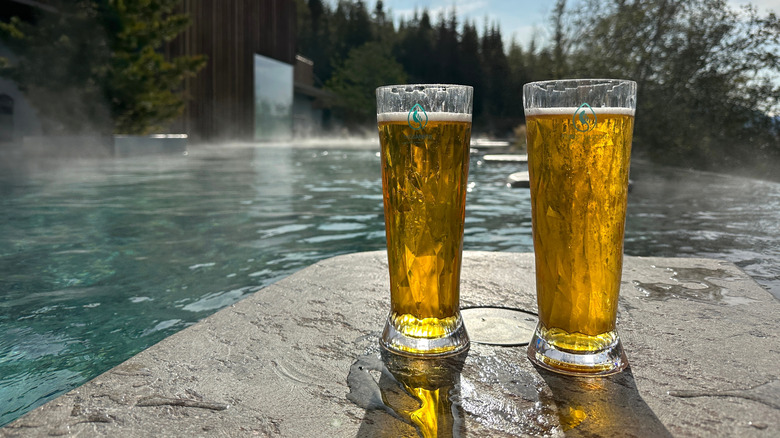 Two pints of beer by thermal springs in Iceland