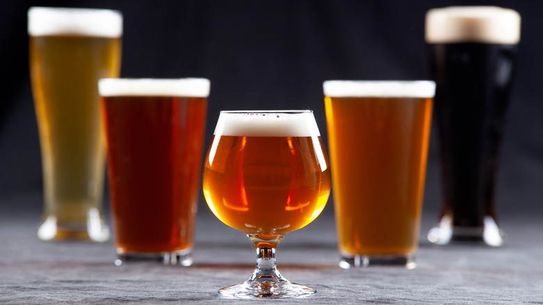 Various styles of beer in different shaped glasses
