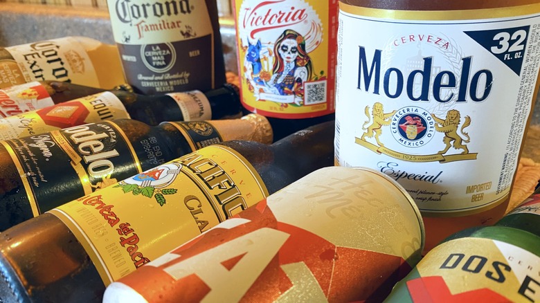 Mexican beer bottles laying in group