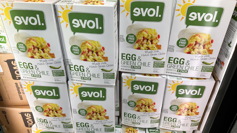 Boxes of Costco's Evol Egg and Green Chile Burritos