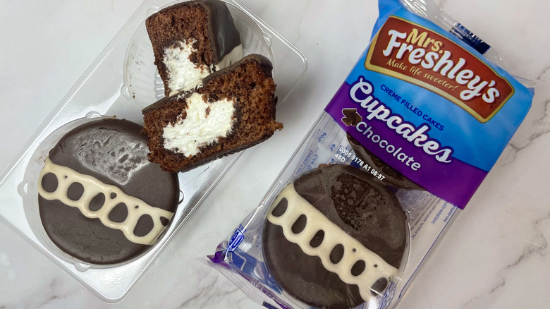 Two packages of Mrs. Freshley's Creme Filled Chocolate Cupcakes