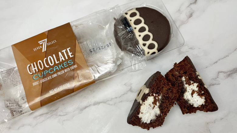 A package of 7-Eleven Seven Selects store brand chocolate cupcakes