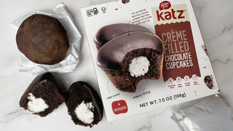 A box of Katz gluten free creme filled chocolate cupcakes