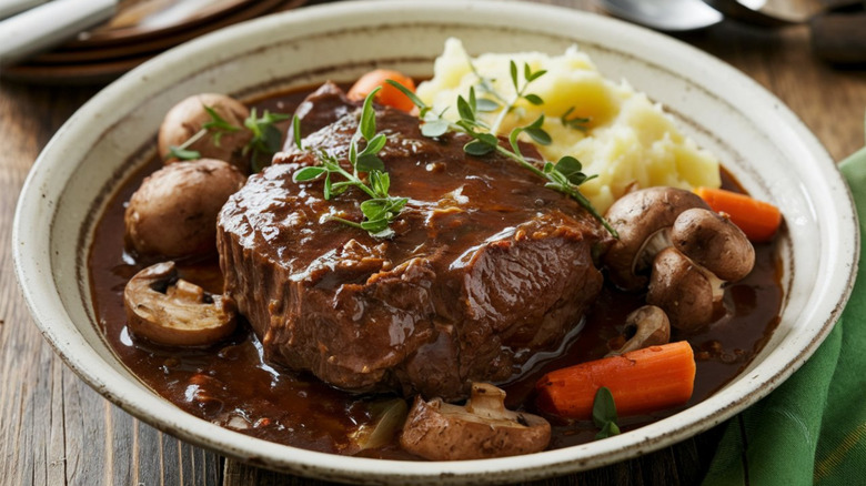 Rustic white bowl of beef bourguignon on a wooden table