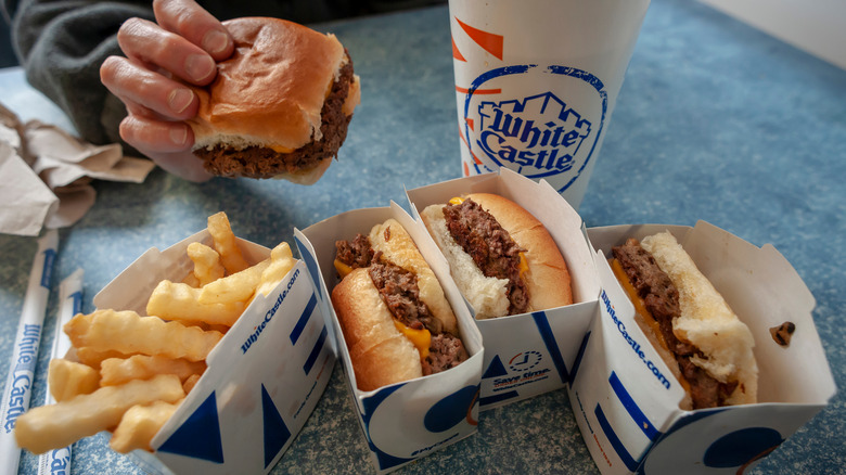 White Castle sliders and fries on table