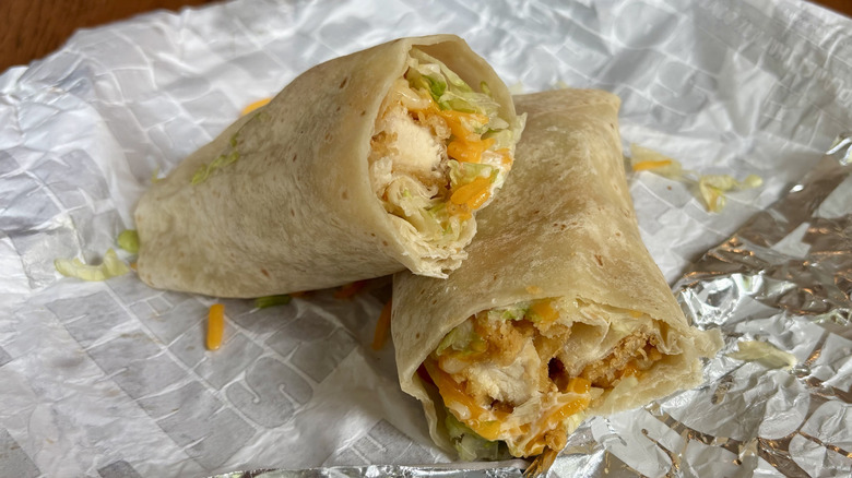 two Sheetz chicken snack wraps on wrapper