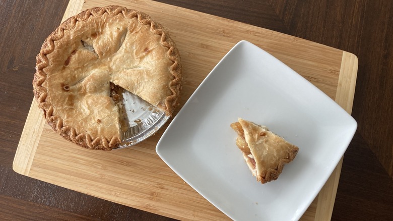 Fry's Food Stores apple pie on plate and wooden cutting board