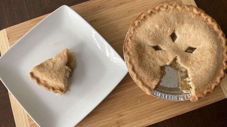 Marketside apple pie on plate and wooden cutting board