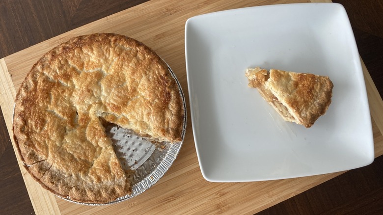 Sprouts Farmers Market apple pie on plate and wooden cutting board