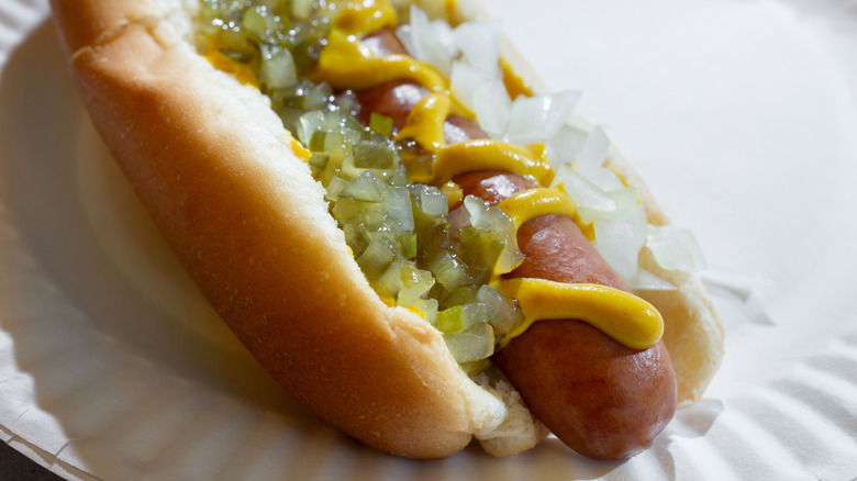 Hot dog with relish, onions, and tomato on a white paper plate