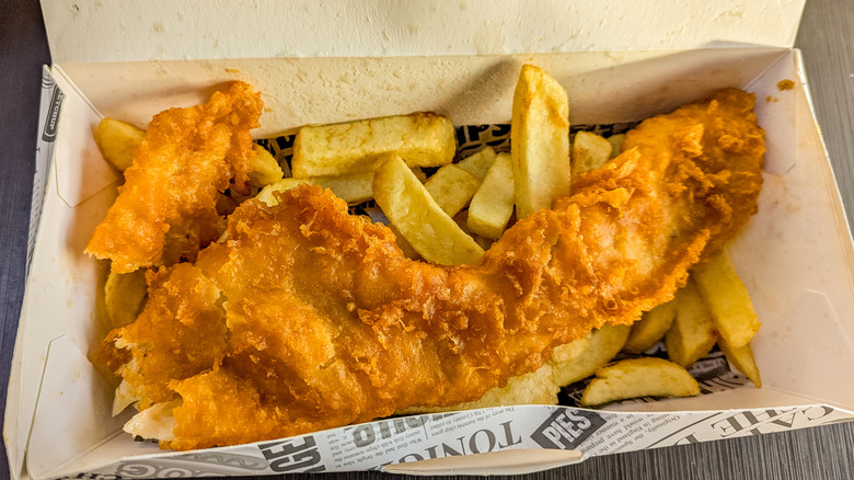 Takeout fish and chips in a box