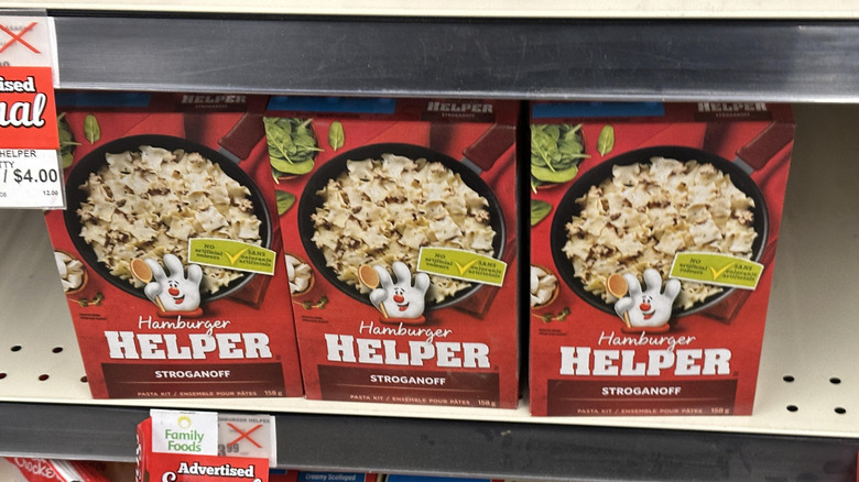 boxes of beef stroganoff Hamburger Helper on a grocery store shelf