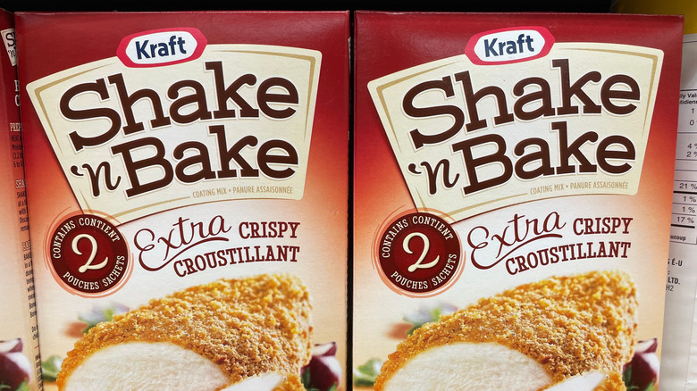 boxes of Shake 'n Bake mix on a grocery store shelf