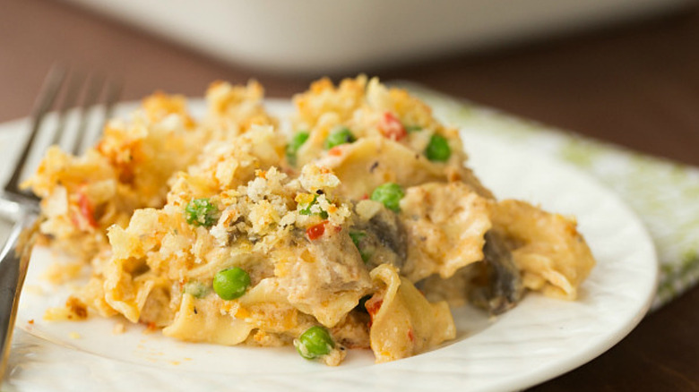 serving of tuna noodle casserole on a white dinner plate