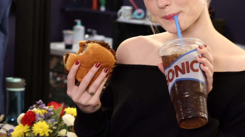Broadway star Meg Donnelly enjoys a Sonic Smasher meal backstage at the show 'Smash.'