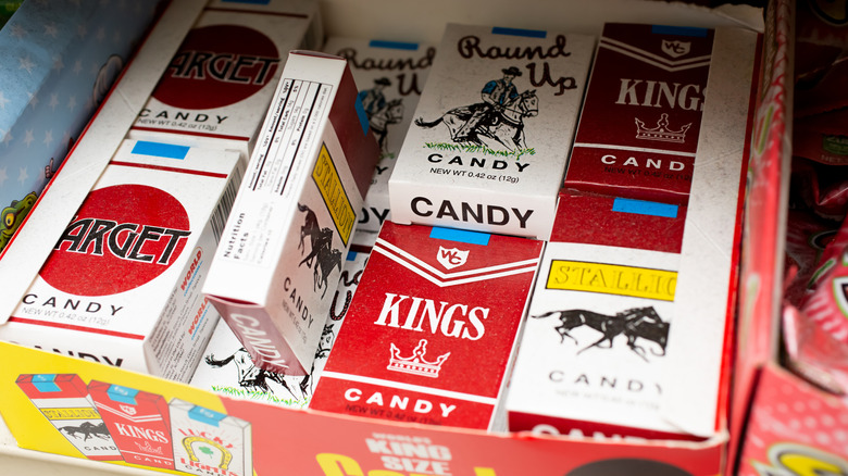 Overhead view of boxes of candy cigarettes