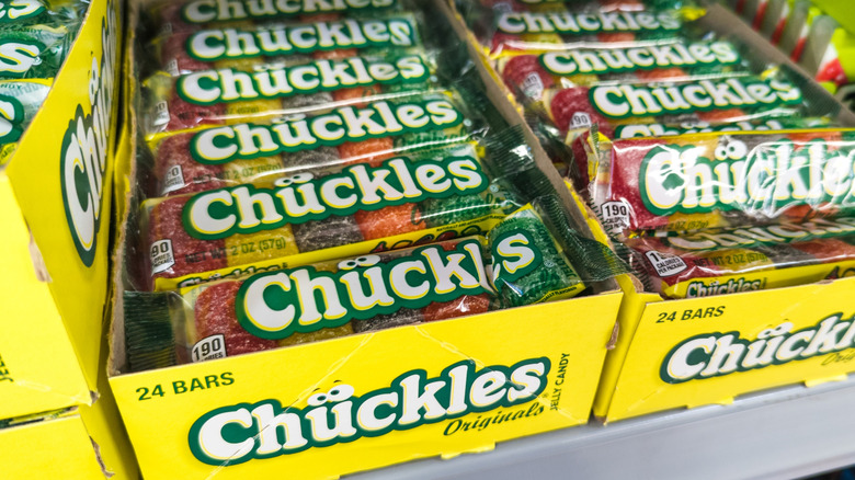 Overhead view of a box of Chuckles candies on store shelf