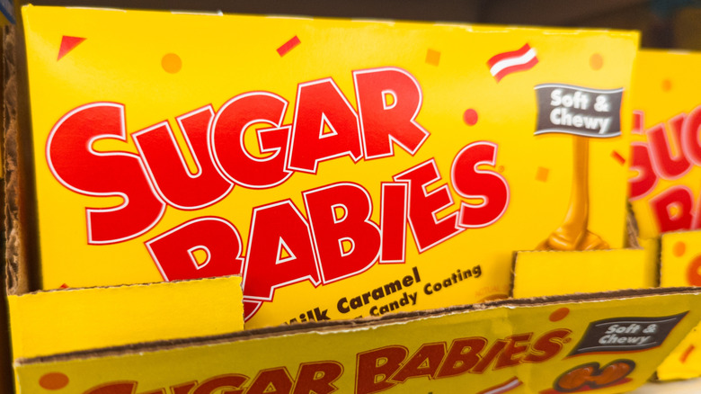 Close-up on a box of Sugar Babies candy