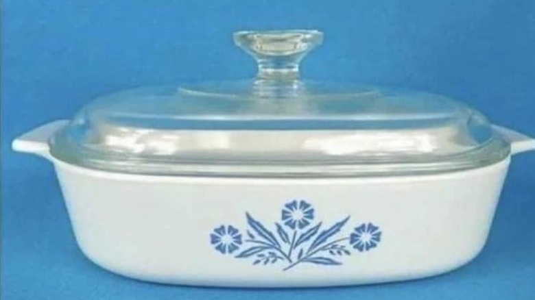 Blue Cornflower CorningWare on a blue background
