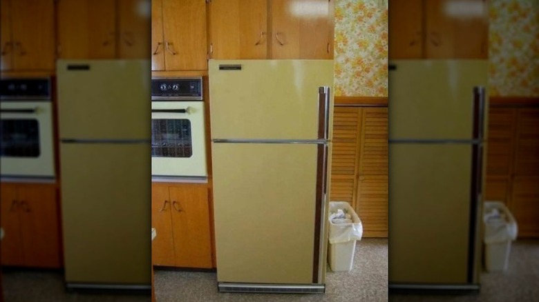 Harvest yellow refrigerator in a kitchen