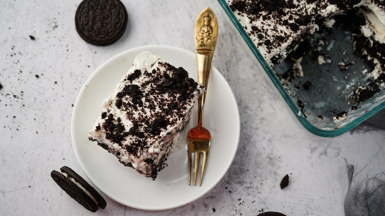 A plate with a piece of icebox cake