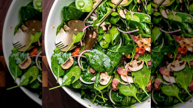close-up of salad with vegetables and hot bacon dressing