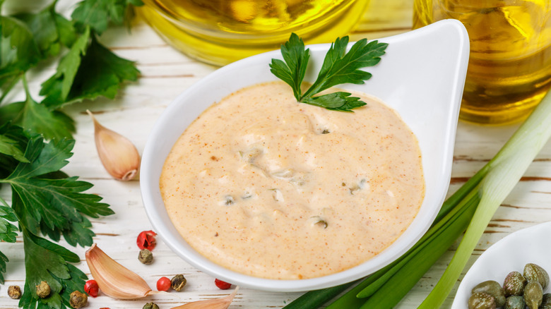 salad dressing in a white bowl