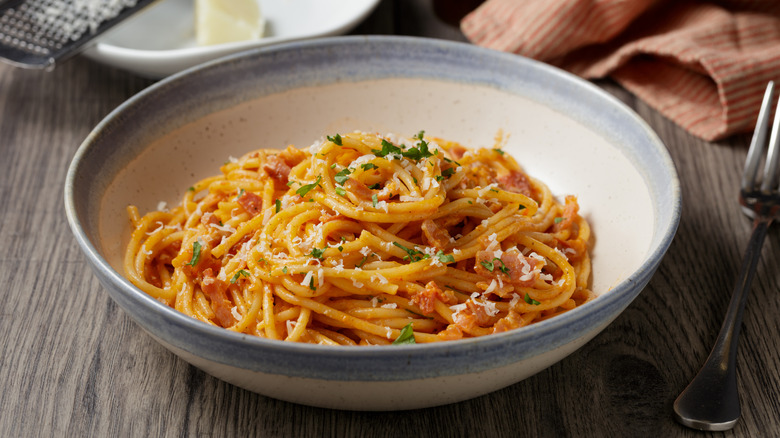 Bowl of spaghetti with tomato sauce