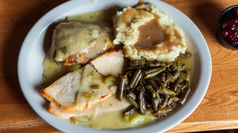Cracker Barrel plate of turkey, mashed potatoes, and green beans with gravy