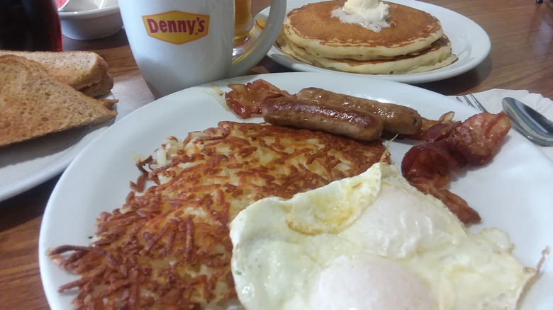 Denny's plate of sausage, eggs, hash browns