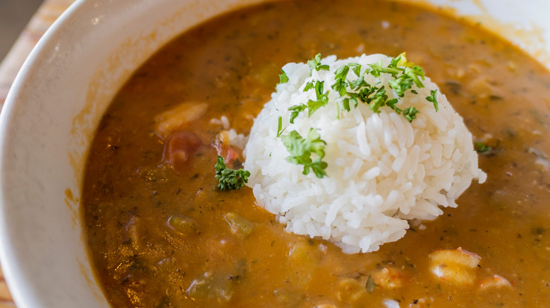 Cajun-style shrimp gumbo with white rice