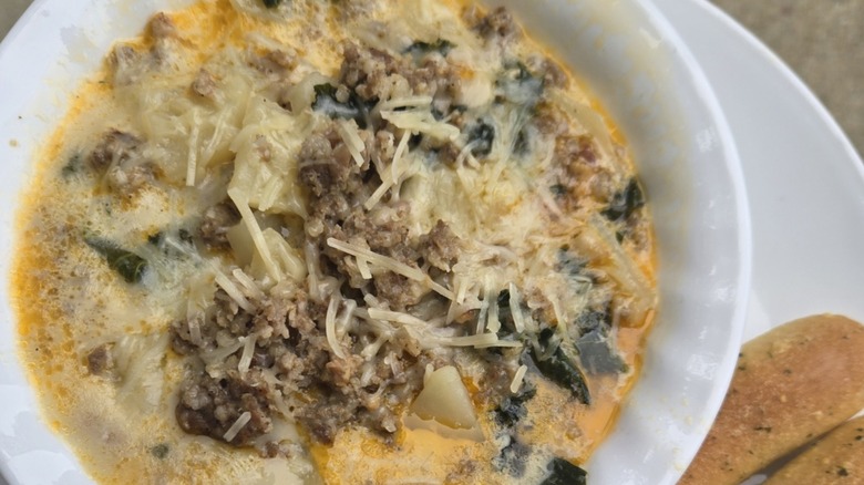 Olive Garden Zuppa Toscana Soup in a white bowl