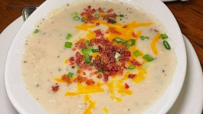 Outback Steakhouse Loaded Baked Potato Soup in a white bowl