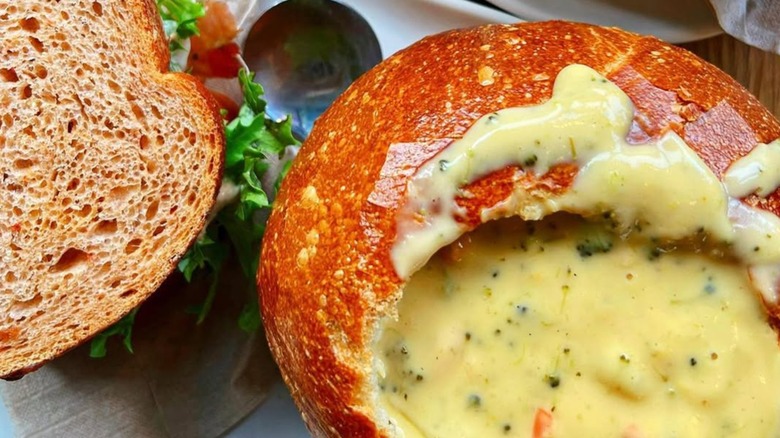 Panera Bread Broccoli Cheddar Soup in a bread bowl