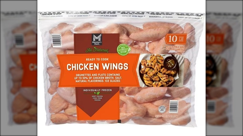 Bag of pre-cooked, frozen chicken wings.