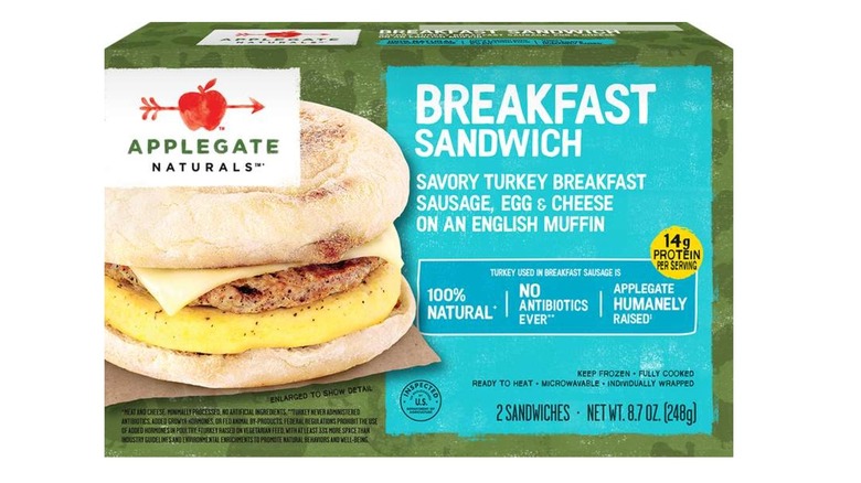 Box of Applegate breakfast sandwiches on a white background