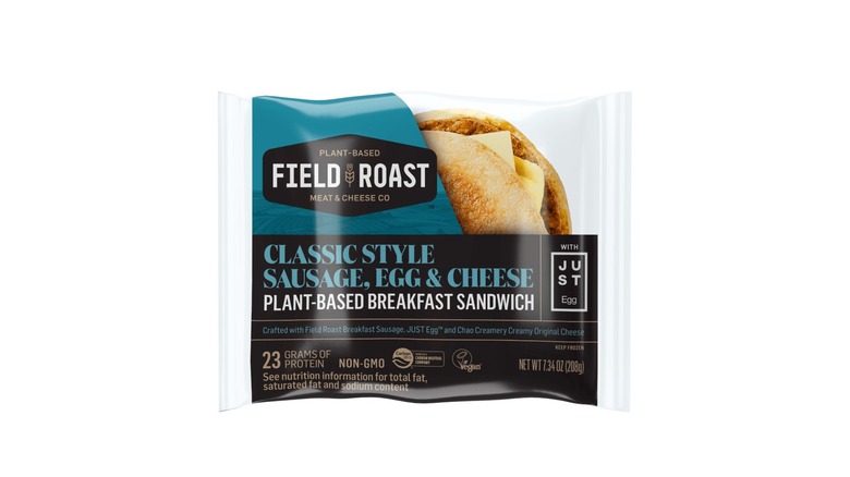 Individually packaged Field Roast breakfast sandwich on a white background