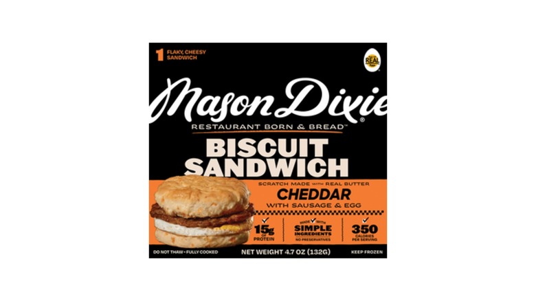 Box of Mason Dixie biscuit breakfast sandwiches on a white background