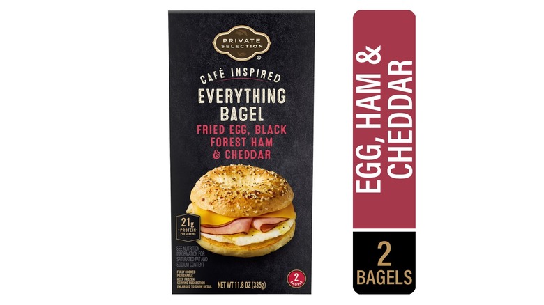 Box of Kroger's Private Selection everything bagel breakfast sandwiches on a white background
