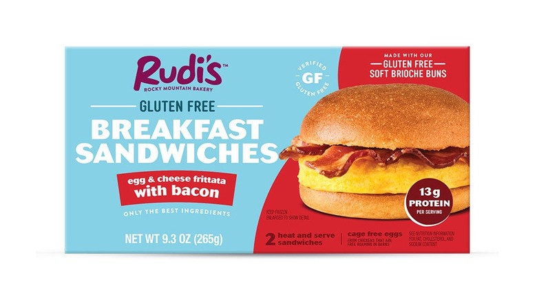 Box of Rudi's gluten-free egg and cheese frittata with bacon breakfast sandwiches